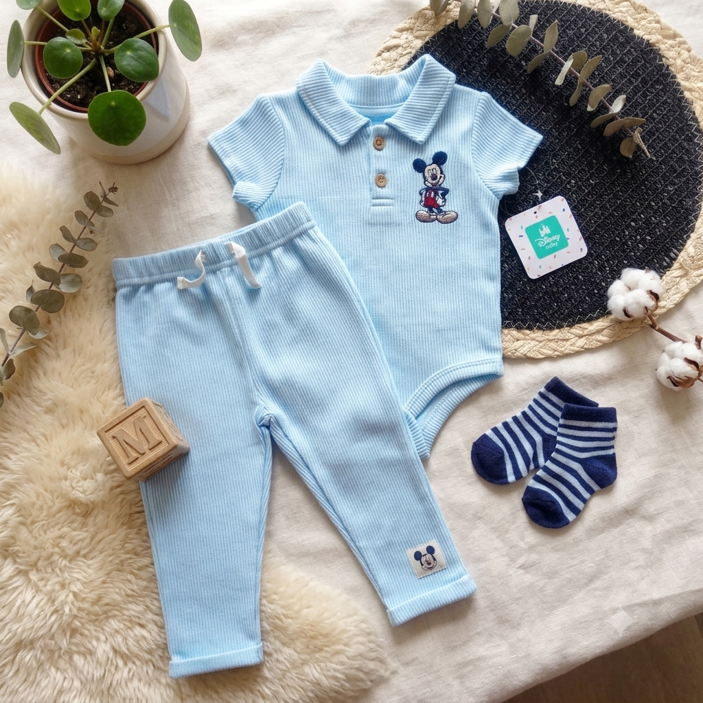 Conjunto 3 Piezas Mickey Mouse Rib Celeste