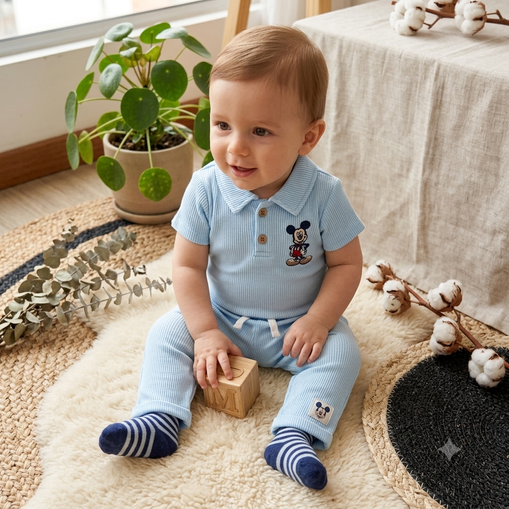 Conjunto 3 Piezas Mickey Mouse Rib Celeste