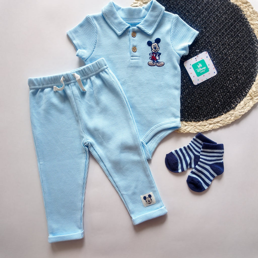 Conjunto 3 Piezas Mickey Mouse Rib Celeste